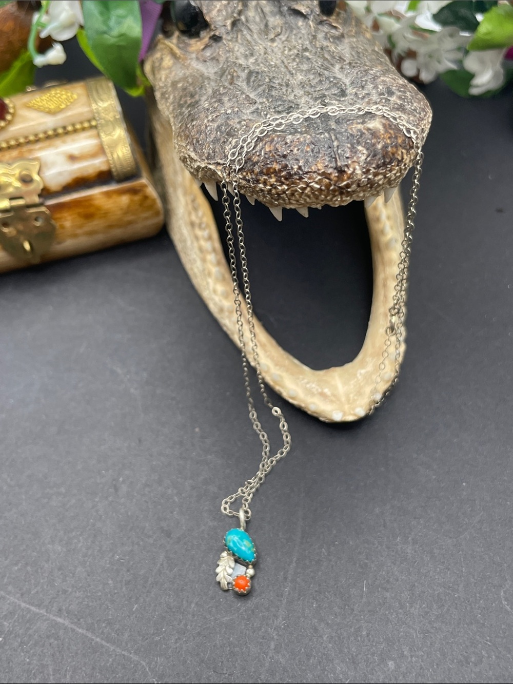 Loretta Begay Sterling, coral and turquoise pendant necklace A25
